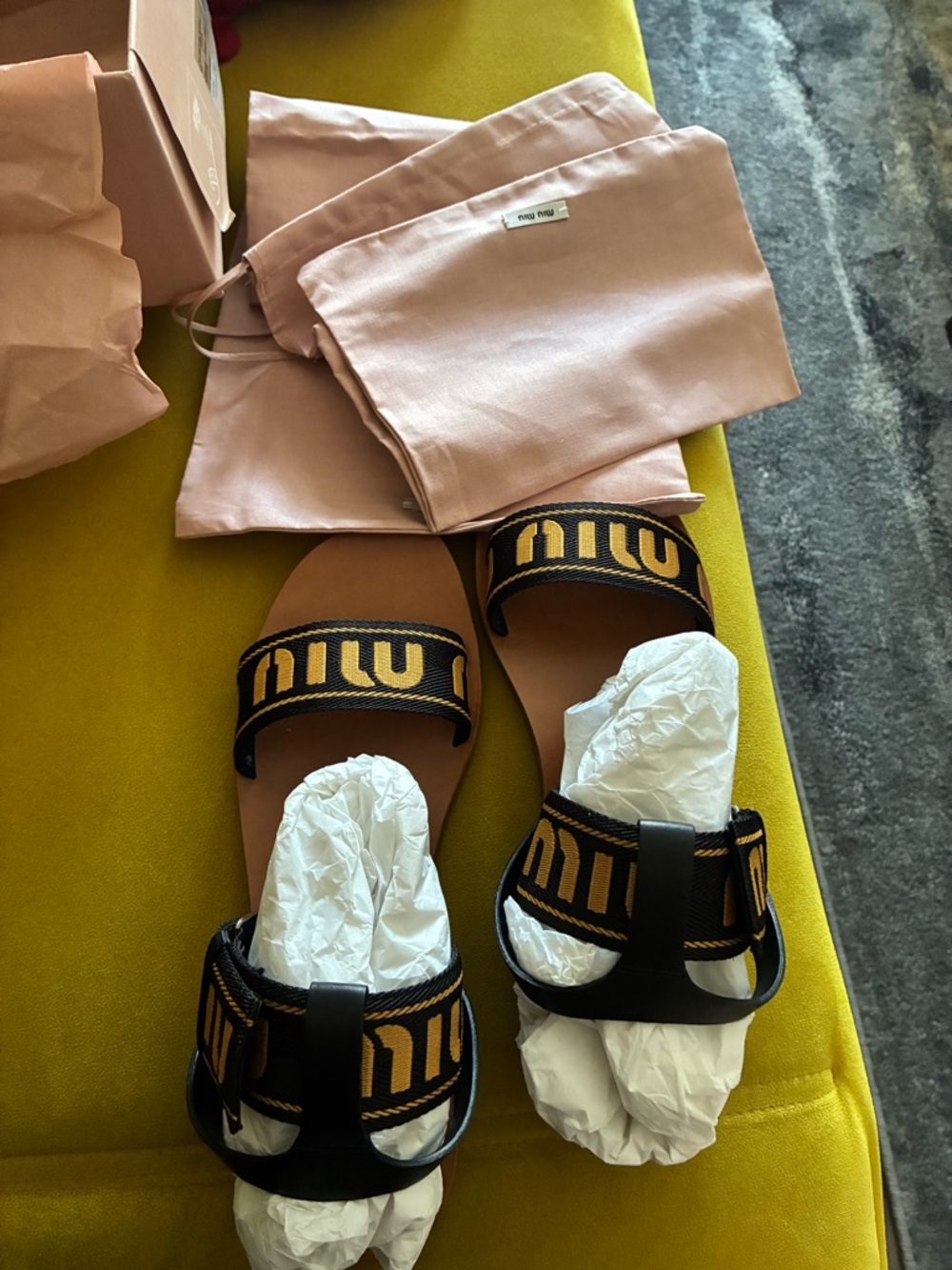 Miu Miu Black and Yellow Logo Webbing Flat Sandals - Picture 7 of 7